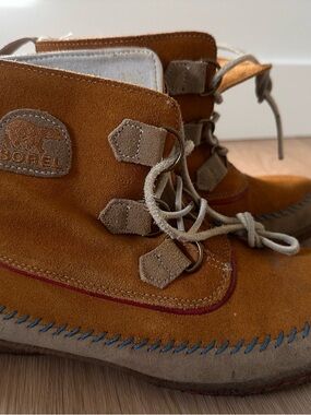 Sorel Cognac Suede Moccasin Boot with Taupe Trim